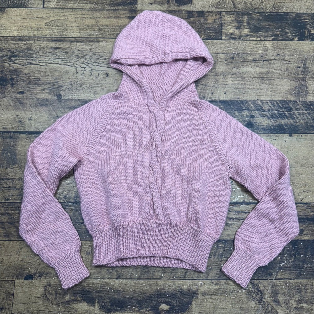 Hand Knit Chunky Cable Knit Hoodie Sweater Teal Green‎ & Pink Women's Small - Picture 5 of 8